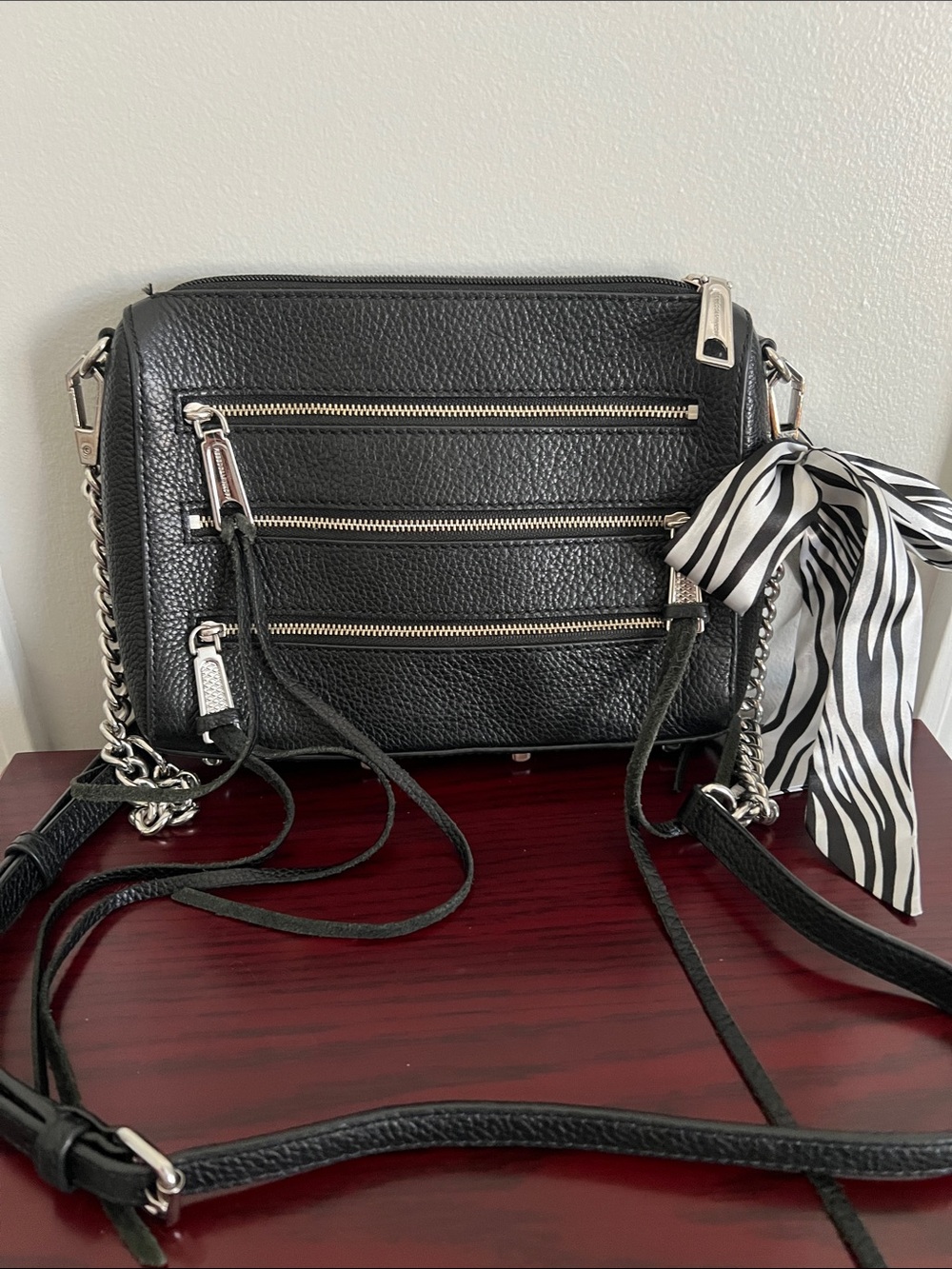 Rebecca Minkoff Black Pebbled Leather Crossbody with Zebra Scarf